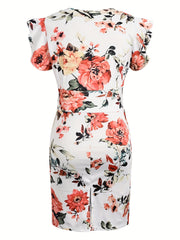 Vintage Floral Print V Neck Dress Ruffle Trim Bodycon Summer Dress