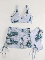 Marble Print Bikini Set with Lace Up Side Ruched Cover Up Skirt