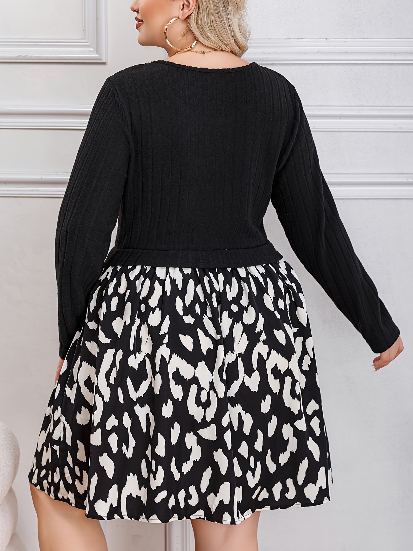 Colorblock Leopard Print Long Sleeve Dress