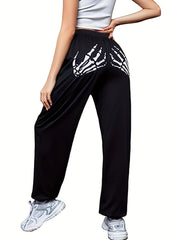 Halloween Sports Pants Women's Plus Skeleton Hand Print Elastic Waist