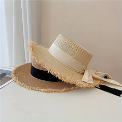 Straw Sun Hat Bowknot Decor Flat Top Jazz Fedora French Style Sunshade Beach Hat