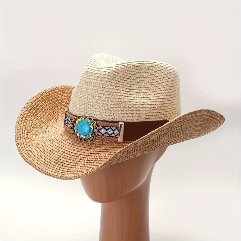Bohemian Style Inlaid Stone Straw Hat Beach Cowboy Hat