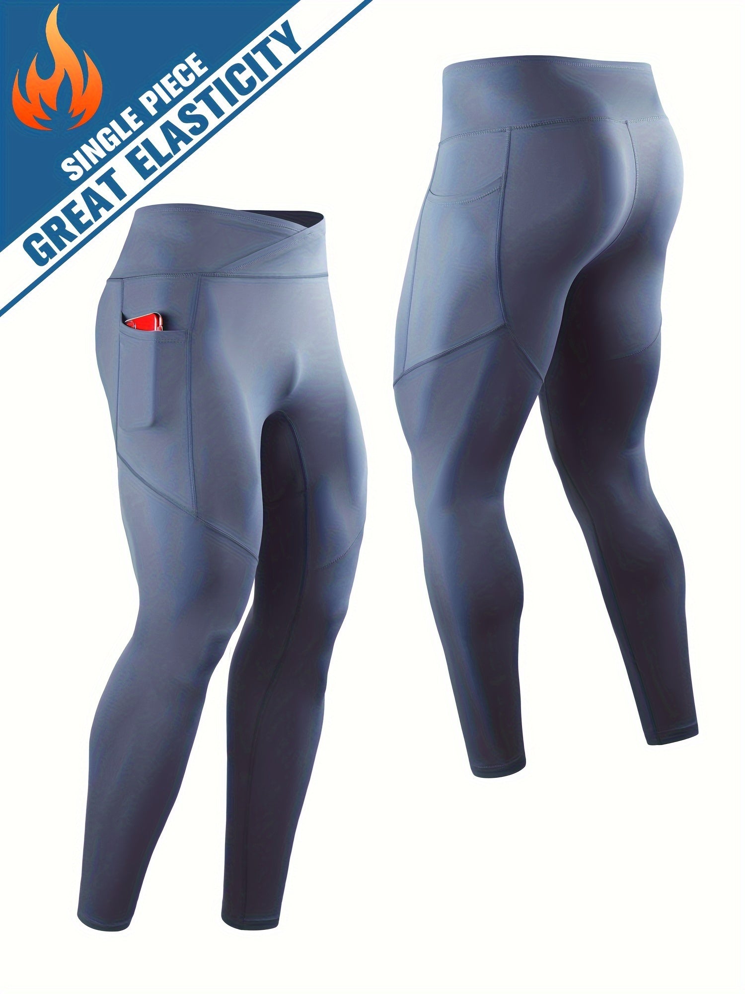 Men's Solid Pocket Leggings Compression Pants For Outdoor Running