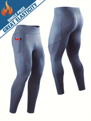 Men's Solid Pocket Leggings Compression Pants For Outdoor Running