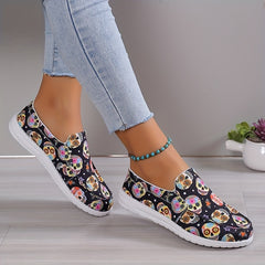 Women's Skull Ghost Pattern Slip on Loafers Lightweight Non slip Flat Shoes