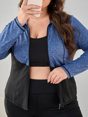 Colorblock High Neck Zipper Long Sleeve Sports Coat Plus Size