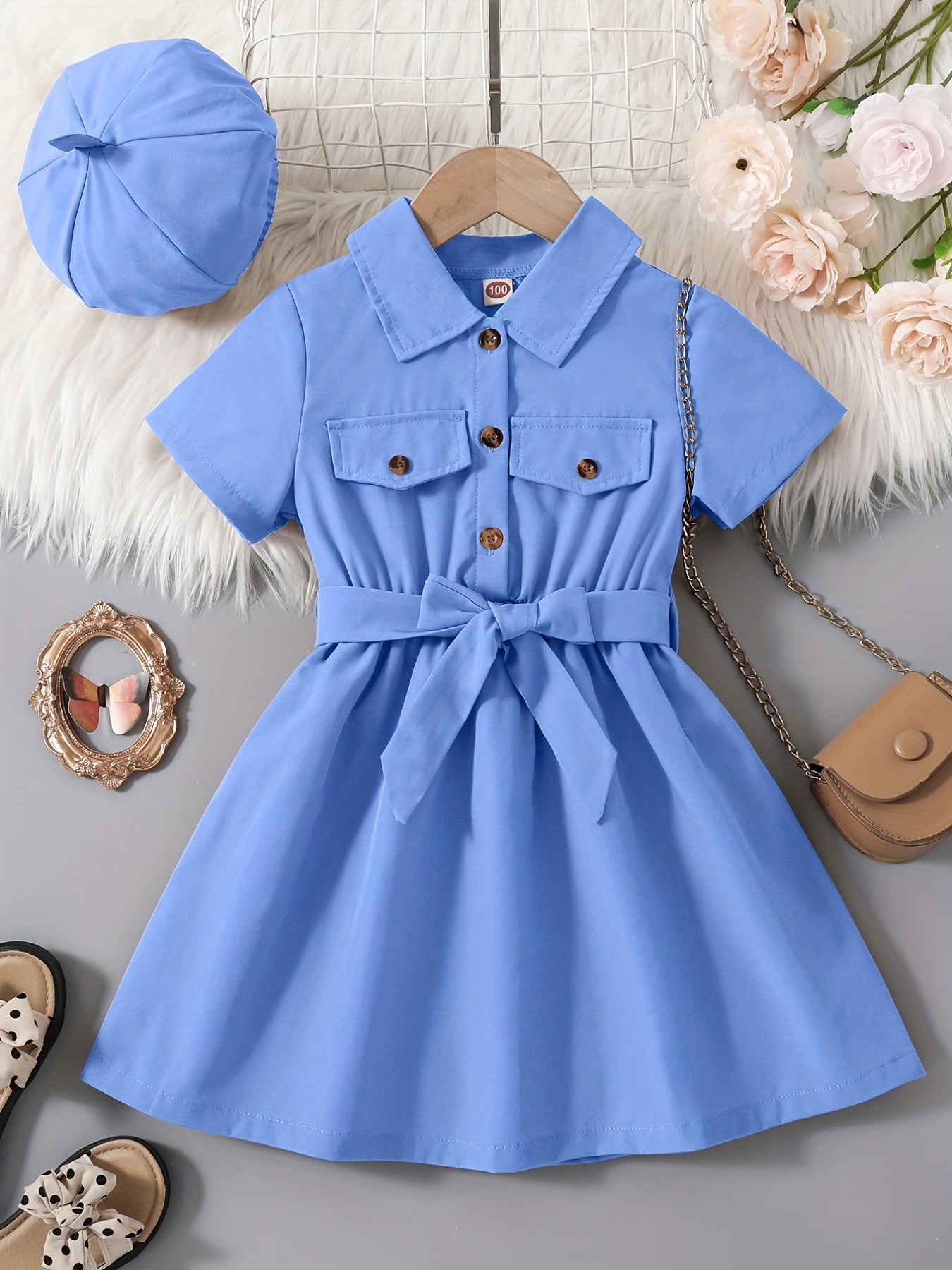 2pcs Toddler Girls Button Flap Shirt Dress & Hat Set Kids Summer Clothes