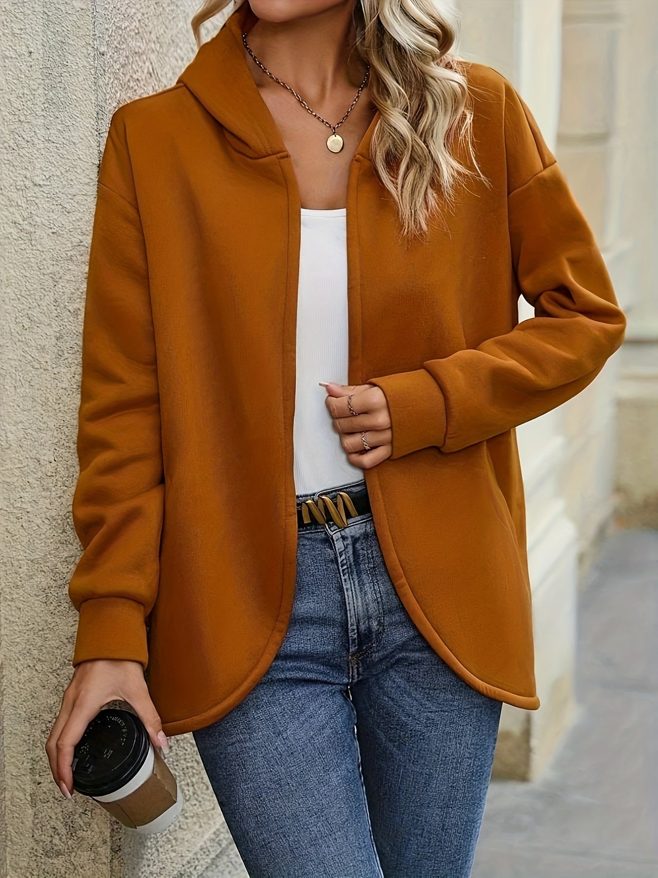 Solid Long Sleeve Open Front Hooded Cardigan