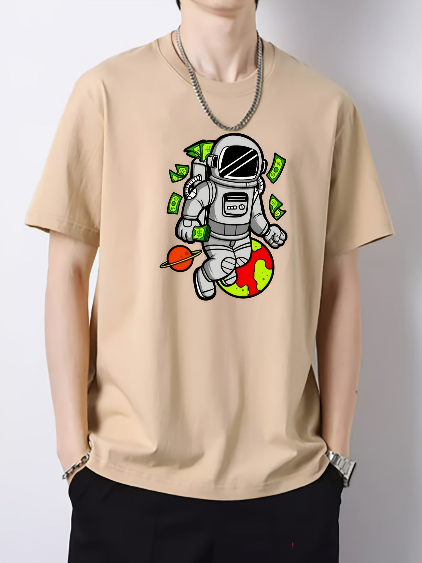 Cartoon Astronaut Print Men's Cotton Graphic Crew Neck Active T shirt