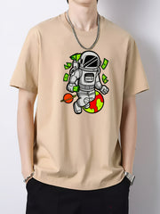 Cartoon Astronaut Print Men's Cotton Graphic Crew Neck Active T shirt