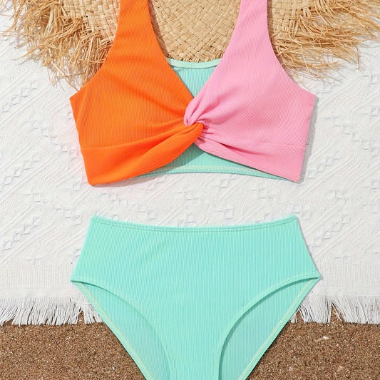 Girls Colorblock Bikini Swimsuit with Bra Pads for Beach Vacation