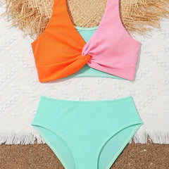Girls Colorblock Bikini Swimsuit with Bra Pads for Beach Vacation
