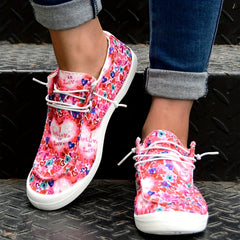 Pink Love Heart Pattern Flat Sports Sneakers Lightweight Comfortable Shoes