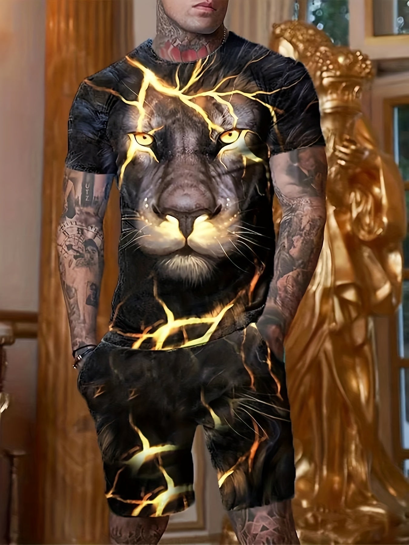 3D Lion Pattern Print Men's 2Pcs Outfits Crew Neck Short Sleeve T shirt