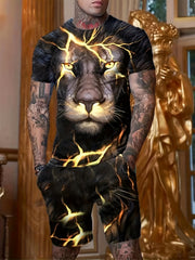 3D Lion Pattern Print Men's 2Pcs Outfits Crew Neck Short Sleeve T shirt