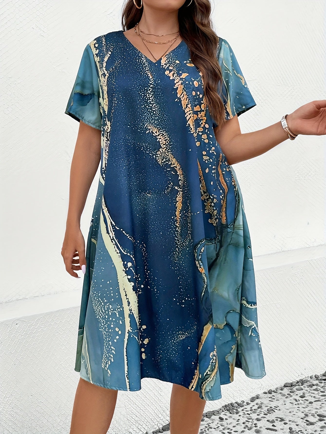 Women's Plus Marble Print V Neck Loose Fit Knee Dress