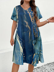 Women's Plus Marble Print V Neck Loose Fit Knee Dress