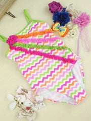 Girls Colorful Striped One Piece Swimsuit Sleeveless Swimwear