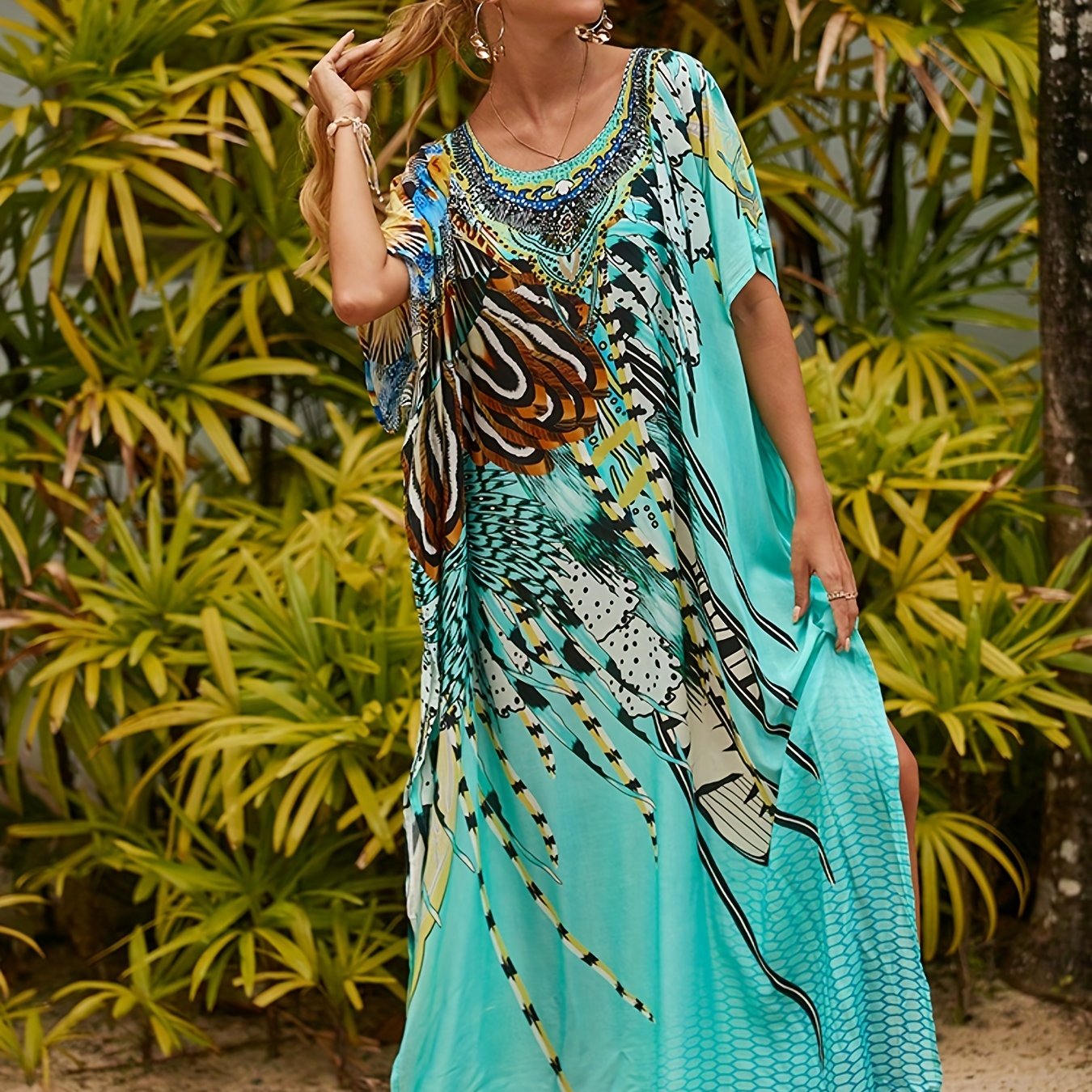 Boho Cover Up Women's Plus Animal Print Bat Sleeve V Neck