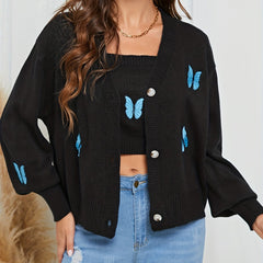 Butterfly Print Knit Two Piece Set Cami Top & Cardigan