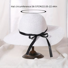 Straw Sun Hat Ribbon Bowknot Solid Sunscreen Beach Hats Floppy Foldable Cap