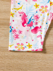 Toddler Girls Unicorn And Flowers Elastic Waist Biker Shorts