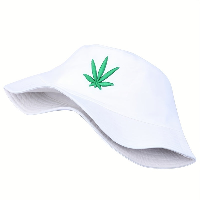 Leaf Embroidery Bucket Hat Cotton Solid Basin Hat