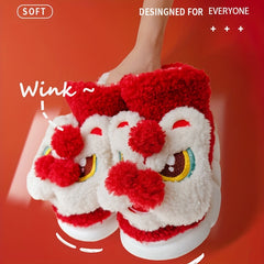 Vintage Cartoon Lion Furry House Shoes For Boys