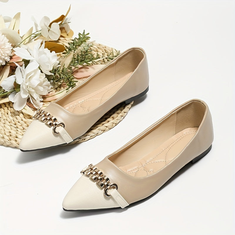 Chain Decor Flat Shoes Point Toe Slip On Lightweight Ballet Shoes
