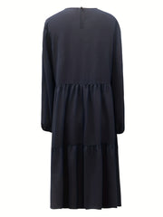 Tiered Solid Dress Casual Crew Neck Lantern Sleeve Dress
