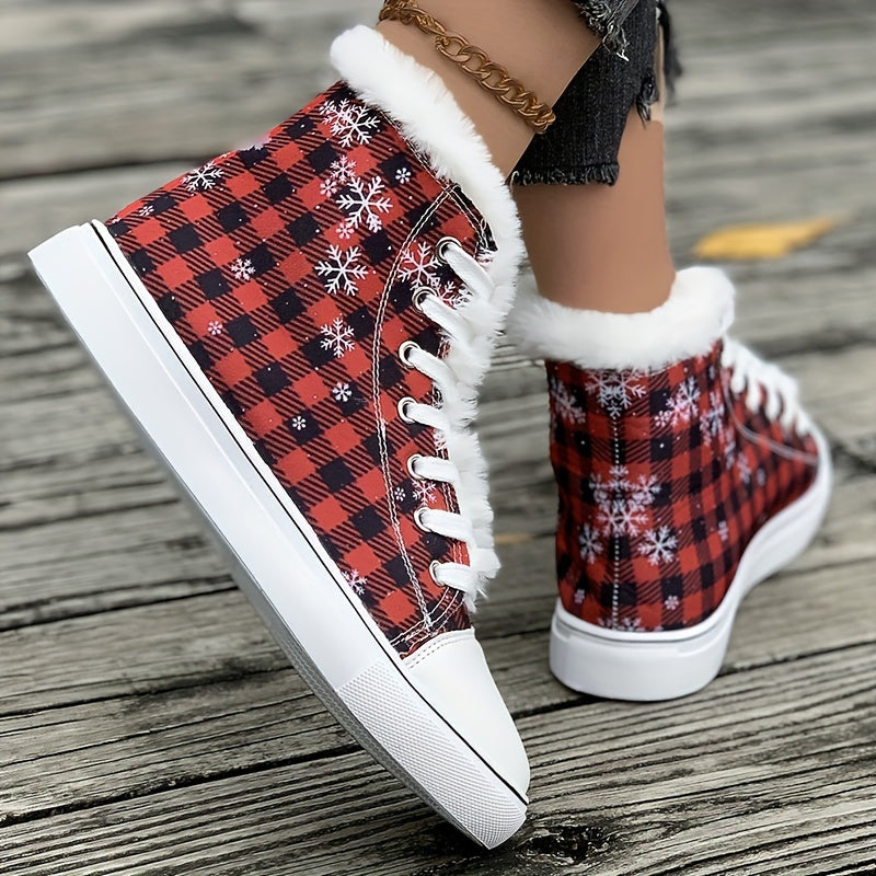 Christmas Plaid Plush Lined Flat Snow Shoes Keep Warm Canvas Sneakers