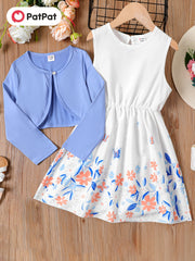 2pcs Girl Cardigan & Floral Tank Dress Set for Kids