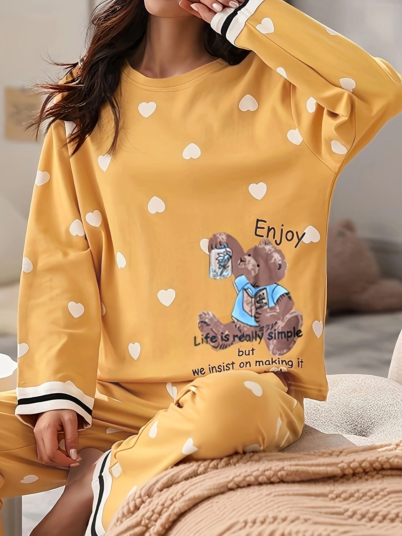 Bear & Heart Print Pajama Set Long Sleeve Top & Pant