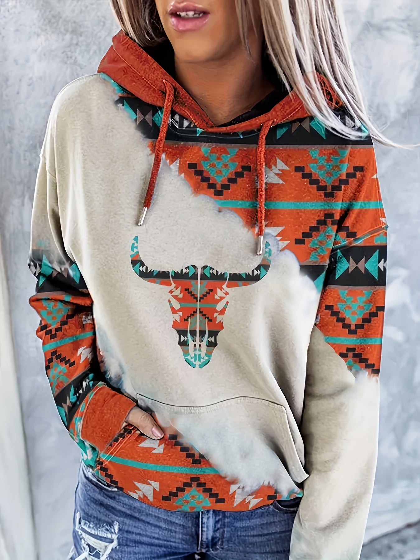Ethnic Print Kangaroo Pocket Hoodie Long Sleeve Hoodies Sweatshirt