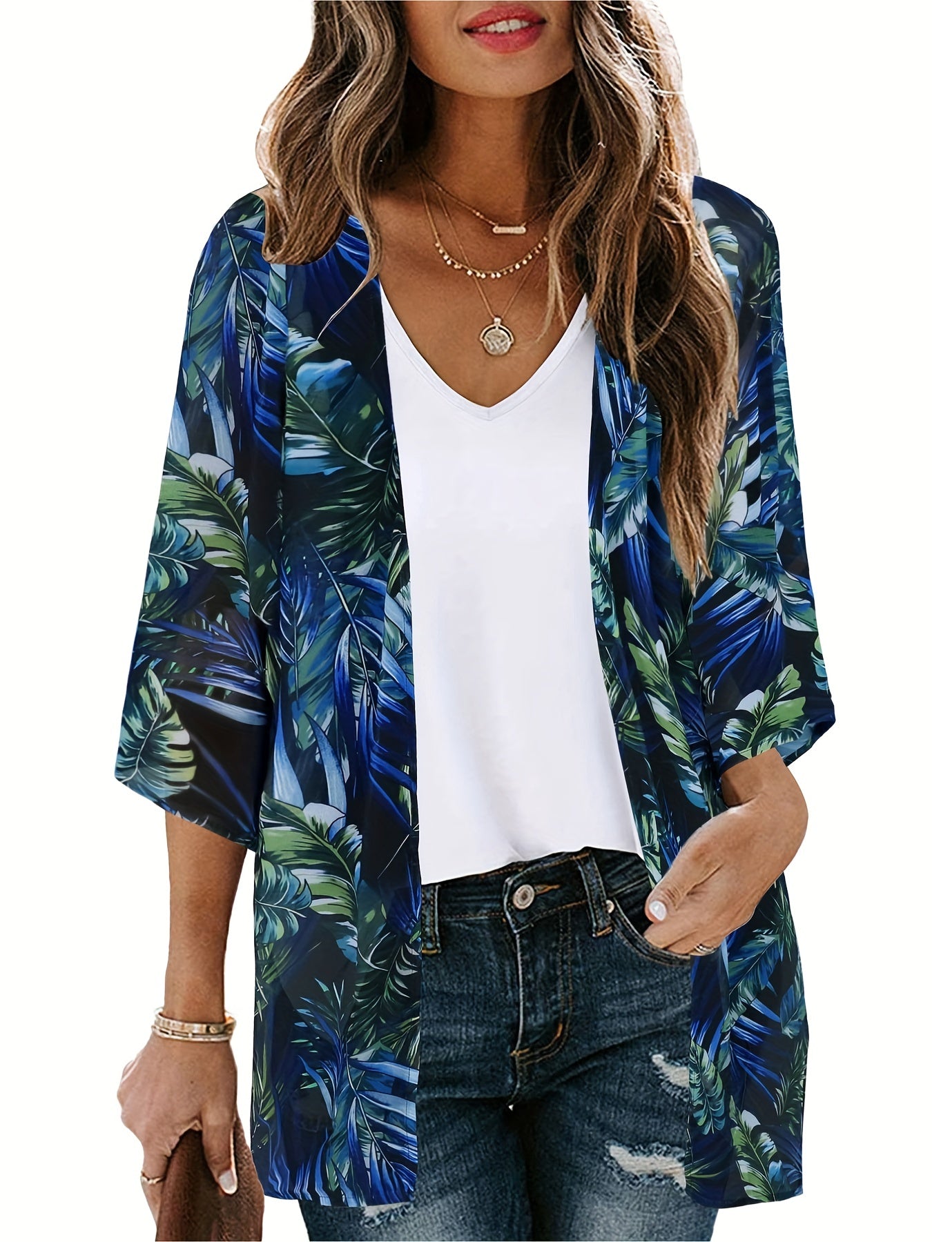 Leaf Print Cover Up Shirt V Neck Half Sleeves Beachwear Cardigan