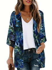 Leaf Print Cover Up Shirt V Neck Half Sleeves Beachwear Cardigan