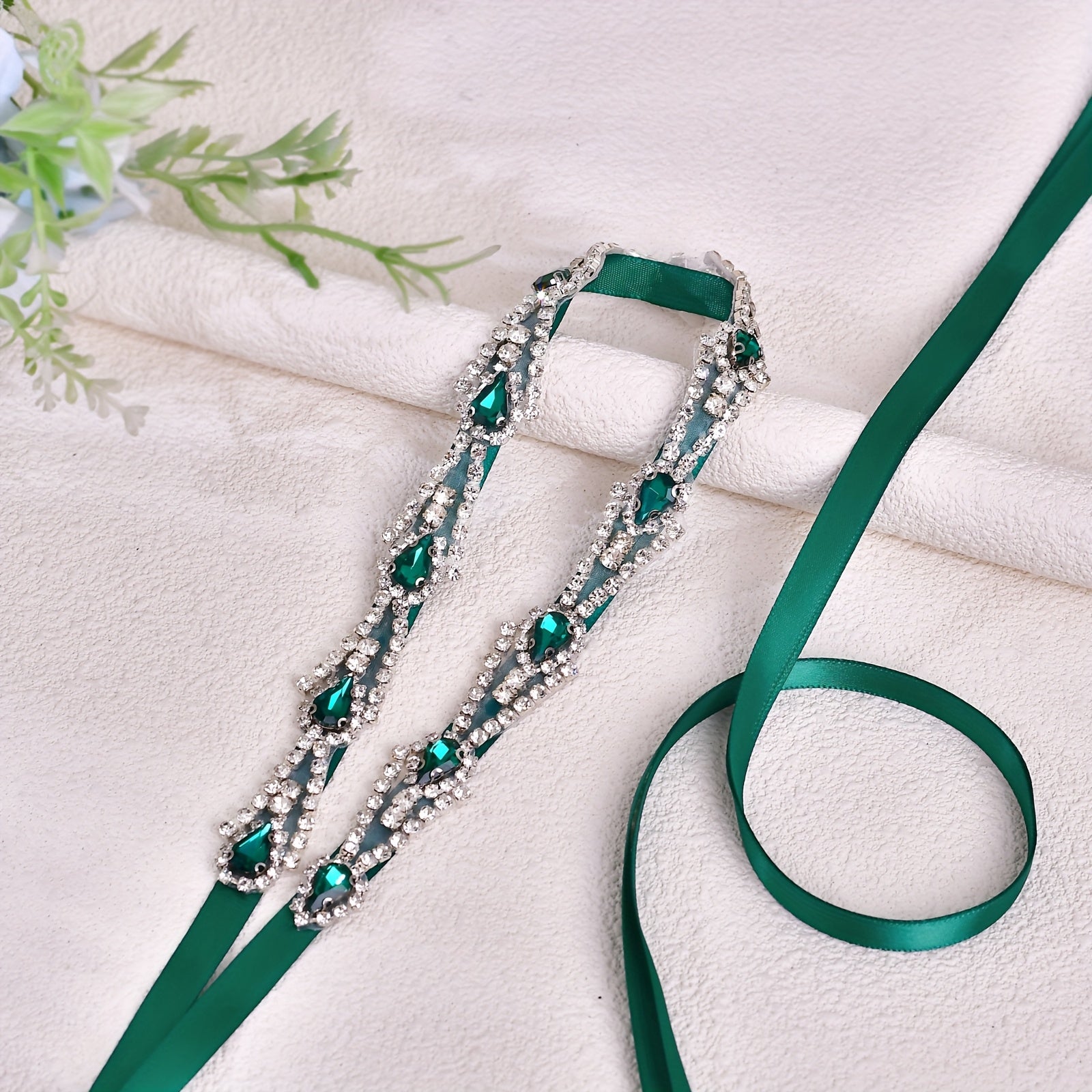 Green Satin Sash with Rhinestone Belt for Bridal Waist Accessory