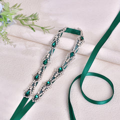 Green Satin Sash with Rhinestone Belt for Bridal Waist Accessory