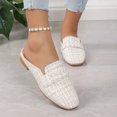 Women's Faux Pearl Decor Flat Shoes Casual Square Toe Slip On Loafers