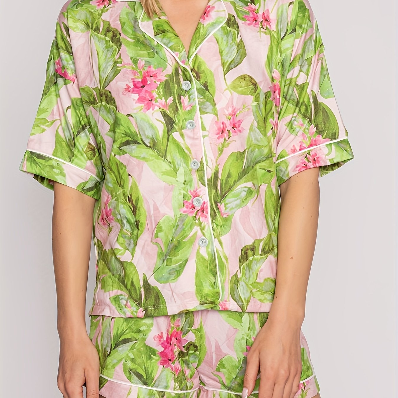 Women's Plus Floral Print Button Up Shirt & Shorts Pajama Set