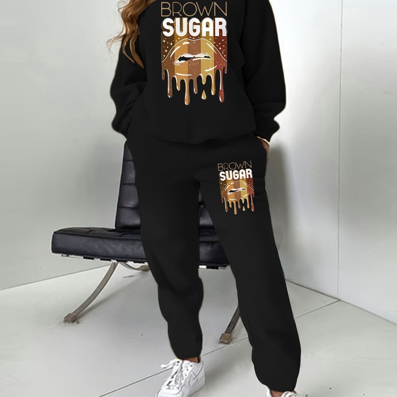Women's Plus Letter & Lip Print Sweatshirt & Joggers Set