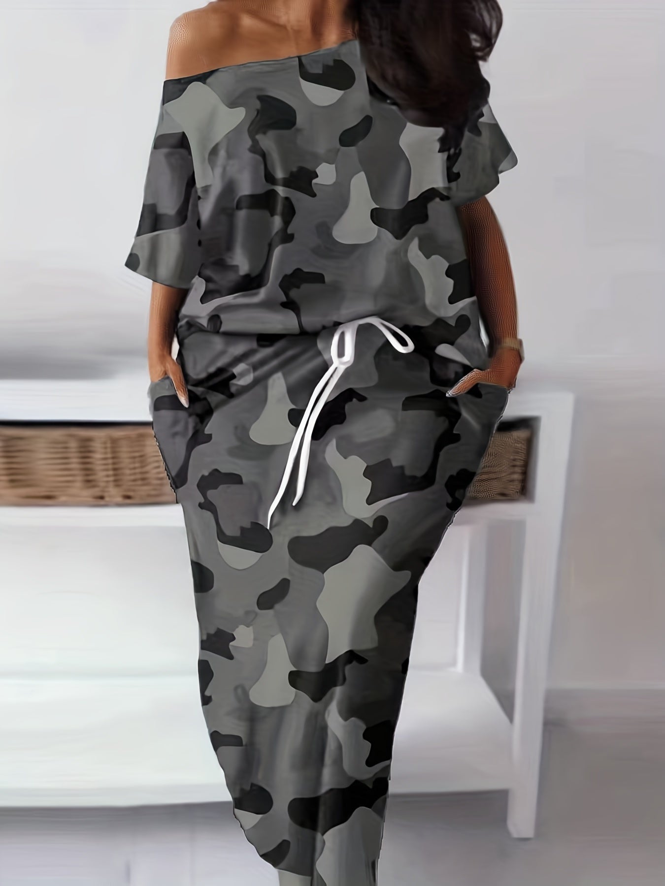 Camo Print Two Piece Skirt Set Cold Shoulder Top & Drawstring Skirt