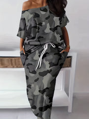 Camo Print Two Piece Skirt Set Cold Shoulder Top & Drawstring Skirt