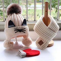 Cat Pattern Kids Knitted Woolen Hat Scarf Gloves Set
