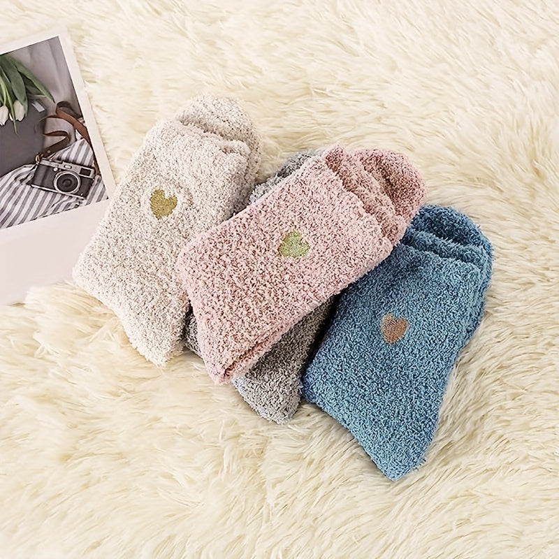 4 Pairs Heart Print Socks Warm Fuzzy Women's Stockings