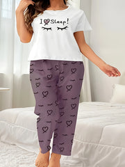 Eyelash & Heart Print Tee & Pants Pajama Set