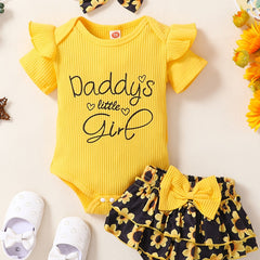Baby Girls Ribbed Fly Sleeve Onesie & Shorts Set with Bow Headband