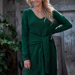 V-Neck Sweater Dress with Belt