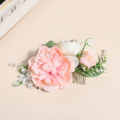 Floral Pink Hair Comb Green Leaves Wedding Bridal Hairstyle Photography Prop