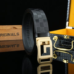 Men's Checkerboard Pattern Cowhide Belt 3 1/4in Auto Buckle Adjustable 304 Stain